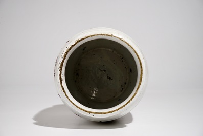 A large polychrome Brussels faience cylindrical albarello, 18th C.