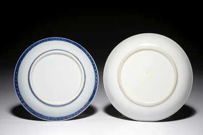 A fine Chinese grisaille "Agua" saucer and a blue and white armorial one for the Dutch market, Qianlong