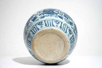 A Chinese blue and white vase with Buddhist lions and peonies, Ming, Wanli