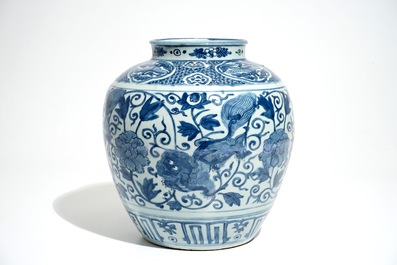 A Chinese blue and white vase with Buddhist lions and peonies, Ming, Wanli