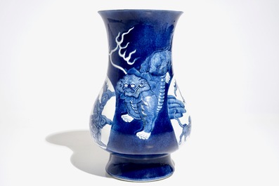 A Chinese blue and white relief-decorated hu vase with mythical beasts, Chenghua mark, 19/20th C.
