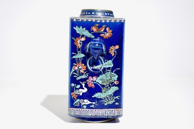 A Chinese famille rose enamelled blue-ground cong vase, 19th C.