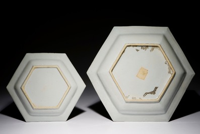 Two Chinese famille rose hexagonal dishes with mandarin designs, Qianlong