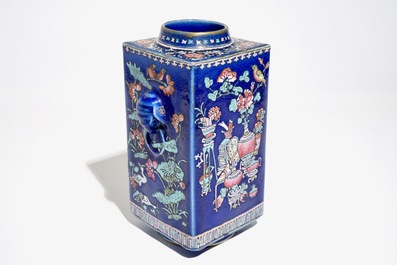 A Chinese famille rose enamelled blue-ground cong vase, 19th C.