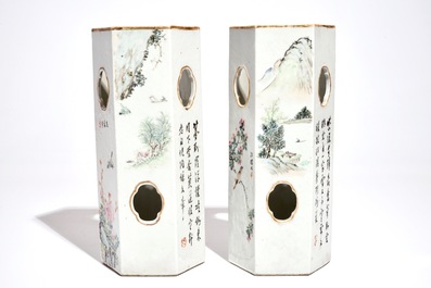 A pair of Chinese reticulated hexagonal qianjiang cai hat stands, 19/20th C.