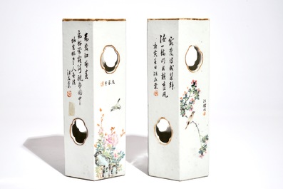 A pair of Chinese reticulated hexagonal qianjiang cai hat stands, 19/20th C.