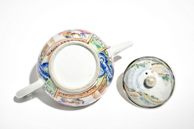 A fine Chinese famille rose teapot and cover with a lady holding a small dog, Yongzheng