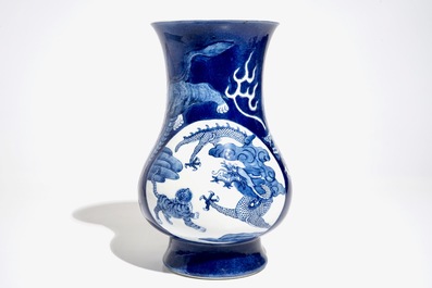 A Chinese blue and white relief-decorated hu vase with mythical beasts, Chenghua mark, 19/20th C.