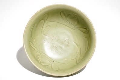 A Chinese Longquan celadon bowl with incised design, Ming