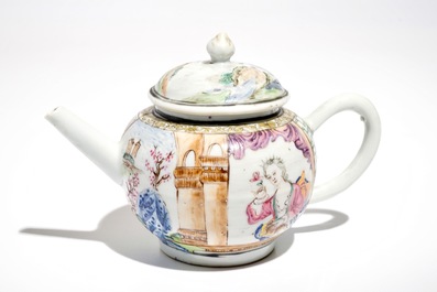 A fine Chinese famille rose teapot and cover with a lady holding a small dog, Yongzheng