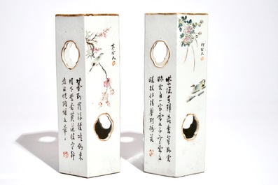 A pair of Chinese reticulated hexagonal qianjiang cai hat stands, 19/20th C.