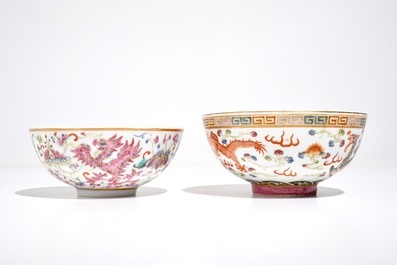 Two Chinese famille rose bowls with dragons and phoenixes, Daoguang and Guangxu mark, 19/20th C.