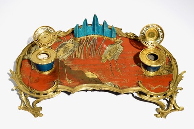 A Louis XV ormolu-mounted lacquer and turquoise Chinese porcelain inkstand, Kangxi and ca. 1740