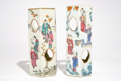 Two Chinese famille rose reticulated hexagonal hat stands, 19th C.