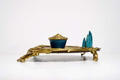 A Louis XV ormolu-mounted lacquer and turquoise Chinese porcelain inkstand, Kangxi and ca. 1740