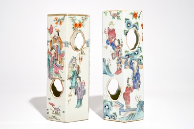 Two Chinese famille rose reticulated hexagonal hat stands, 19th C.