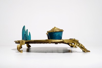 A Louis XV ormolu-mounted lacquer and turquoise Chinese porcelain inkstand, Kangxi and ca. 1740