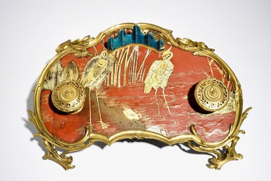 A Louis XV ormolu-mounted lacquer and turquoise Chinese porcelain inkstand, Kangxi and ca. 1740