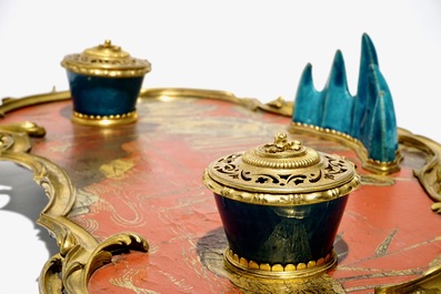 A Louis XV ormolu-mounted lacquer and turquoise Chinese porcelain inkstand, Kangxi and ca. 1740
