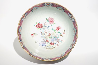 A large Chinese famille rose bowl with antiquities design, Yongzheng