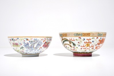 Two Chinese famille rose bowls with dragons and phoenixes, Daoguang and Guangxu mark, 19/20th C.