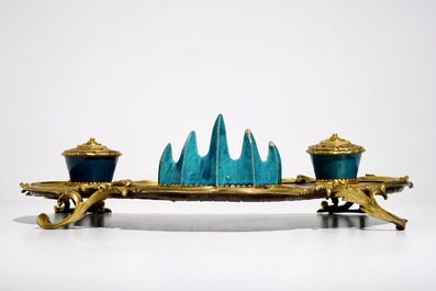 A Louis XV ormolu-mounted lacquer and turquoise Chinese porcelain inkstand, Kangxi and ca. 1740