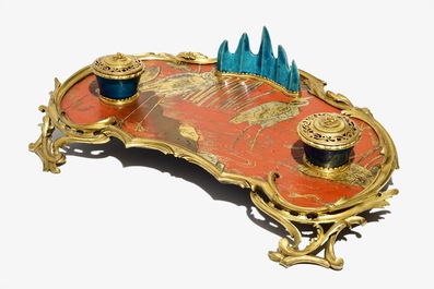 A Louis XV ormolu-mounted lacquer and turquoise Chinese porcelain inkstand, Kangxi and ca. 1740