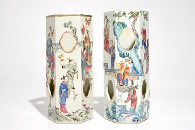 Two Chinese famille rose reticulated hexagonal hat stands, 19th C.