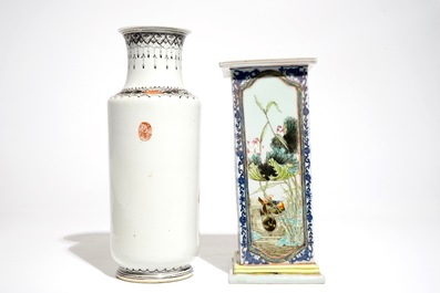 Two Chinese famille rose vases with birds and figures, 20th C.