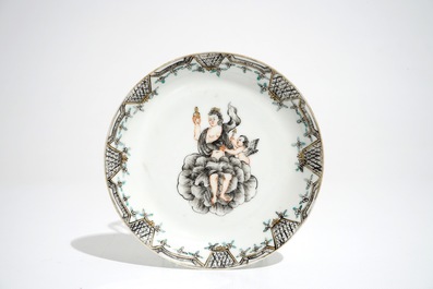Two Chinese grisaille mythological subject "Venus and Cupid" cups and saucer, Qianlong