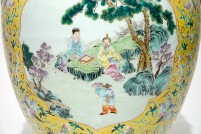 A tall Chinese famille rose yellow-ground vase with a tiger, Qianlong mark, 19th C.