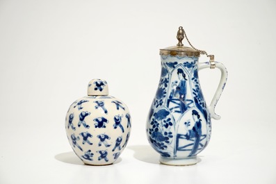 Four Chinese blue and white plates, a silver-mounted jug and a small covered jar, Kangxi