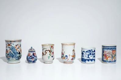 Five Chinese famille rose and blue and white mugs and a covered jug, mostly Qianlong