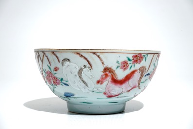 A Chinese famille rose bowl and plate with horse design, Yongzheng