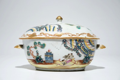 A Chinese famille rose Valentine dove pattern tureen and cover on stand, Qianlong