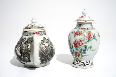 A Chinese grisaille teapot and a famille rose tea caddy, Yongzheng