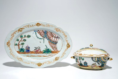 A Chinese famille rose Valentine dove pattern tureen and cover on stand, Qianlong