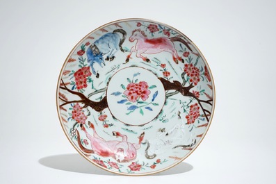 A Chinese famille rose bowl and plate with horse design, Yongzheng