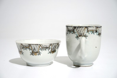 Two Chinese grisaille mythological subject "Venus and Cupid" cups and saucer, Qianlong