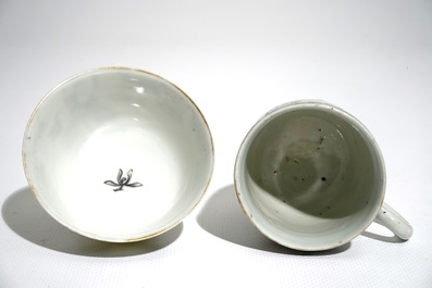 Two Chinese grisaille mythological subject "Venus and Cupid" cups and saucer, Qianlong