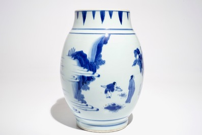 A Chinese blue and white olive-shaped vase with figures, Chongzhen, Transitional period