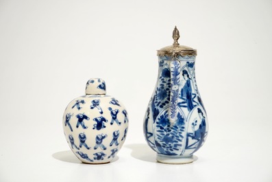 Four Chinese blue and white plates, a silver-mounted jug and a small covered jar, Kangxi