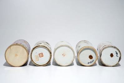 Five Chinese famille rose and qianjiang cai hat stands, 19/20th C.