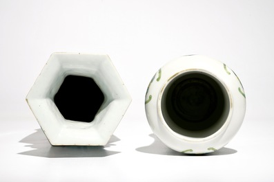 A Chinese hexagonal famille rose vase and an albarello-shaped famille verte vase, 19th C.
