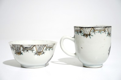 Two Chinese grisaille mythological subject "Venus and Cupid" cups and saucer, Qianlong