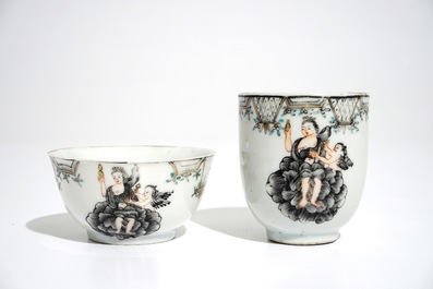 Two Chinese grisaille mythological subject "Venus and Cupid" cups and saucer, Qianlong