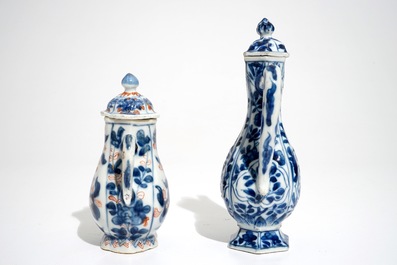 A Chinese blue and white covered jug and an Imari style covered jug, Kangxi
