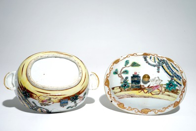 A Chinese famille rose Valentine dove pattern tureen and cover on stand, Qianlong