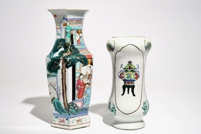 A Chinese hexagonal famille rose vase and an albarello-shaped famille verte vase, 19th C.