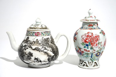 A Chinese grisaille teapot and a famille rose tea caddy, Yongzheng
